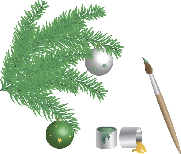 Peintures à colorier et pinceau branches d'épinette avec jouets de Noël . — Image vectorielle