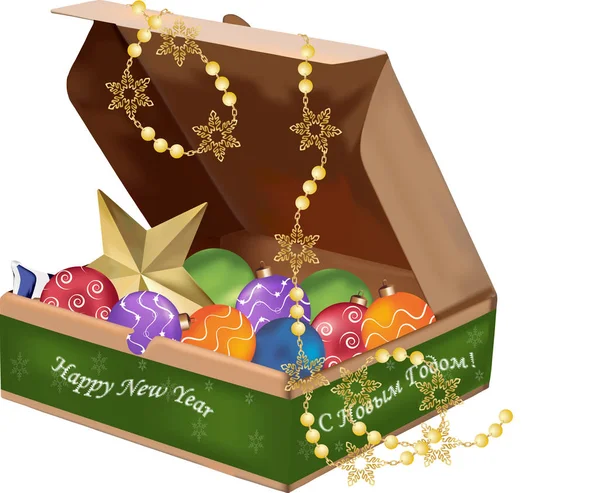 Noel oyuncaklar ve çelenk ile açık bir kutusu