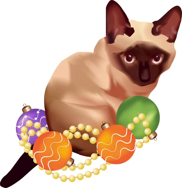 Noel topları ve çelenk çevrili Siyam kedisi oturur