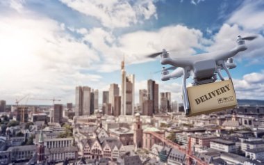 Drone with package over Frankurt Skyline clipart