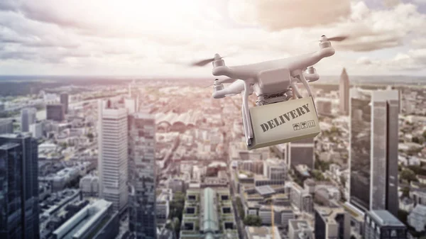 Drone multicopter con paquete sobre Frankfurt am Main — Foto de Stock