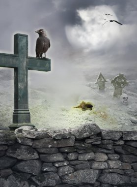 Cadılar Bayramı mistik arka plan kuzgun ile çapraz taş duvara