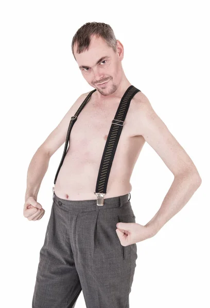 Engraçado nerd homem mostrando seus músculos — Fotografia de Stock