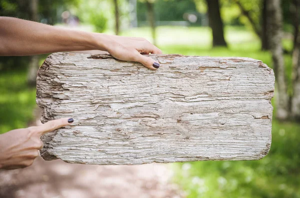 Placa de madeira vazia segura pela mão da mulher. Modelo mock up — Fotografia de Stock