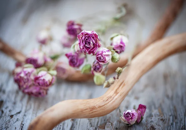 Sfondo vintage con rose da tè secche sul legno — Foto Stock
