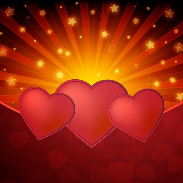 Ημέρα του Αγίου Βαλεντίνου ρομαντική γυαλιστερό κάρτα για τη γιορτή με κόκκινες καρδιές — Διανυσματικό Αρχείο