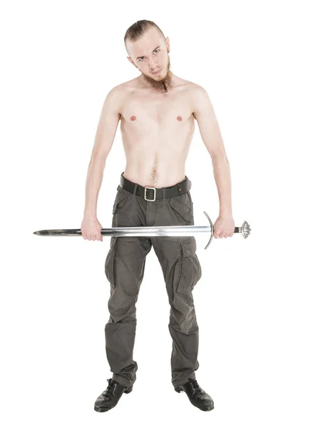 Молодий красивий чоловік з мечем ізольований — стокове фото