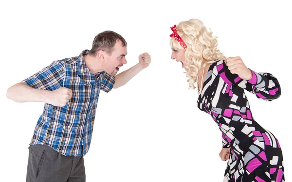 Divertidos retro familia pareja peleando y gritando el uno al otro — Foto de Stock