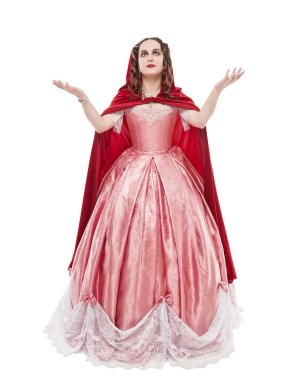 Uzun Ortaçağ elbise ve kırmızı pelerin Isola genç güzel kadın