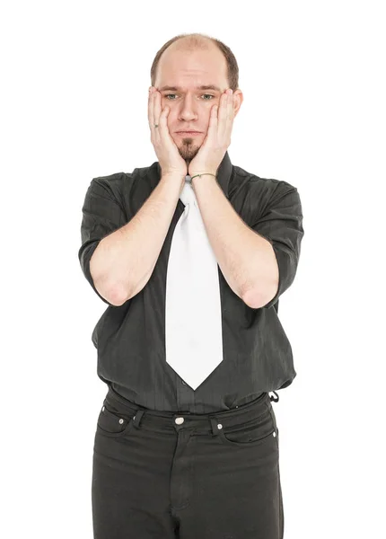 Smutný muž v černé košili, samostatný — Stock fotografie