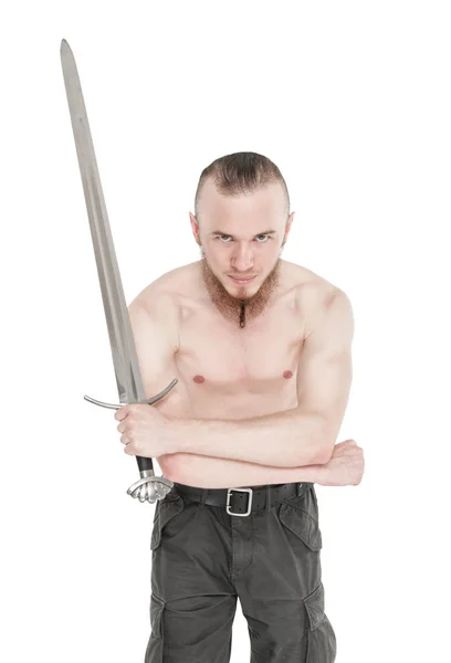 Молодий красивий чоловік з мечем ізольований — стокове фото