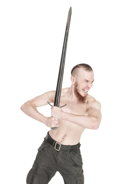 Young handsome man with sword screaming isolated — Stock Photo, Image