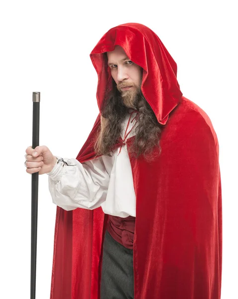 Средневековый человек в плаще с тростью изолирован — стоковое фото