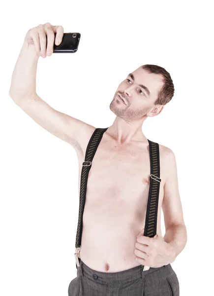Смешной голый мужчина делает селфи изолированным — стоковое фото