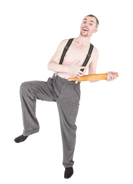 Lustiger Nerd-Mann hat Spaß mit Nudelholz — Stockfoto