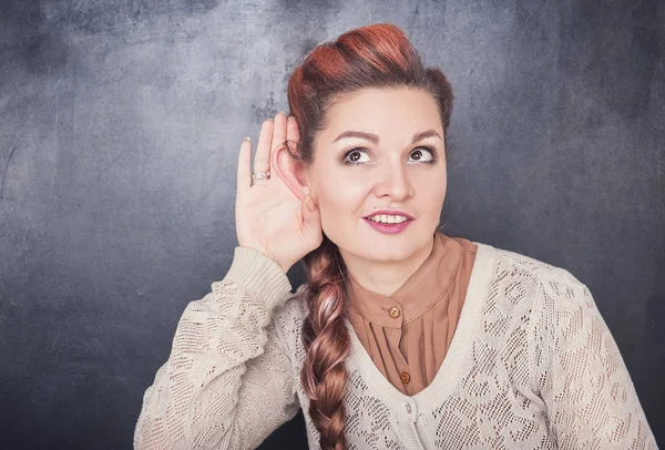 Funny woman with big ear eavesdrop — Stock Photo, Image