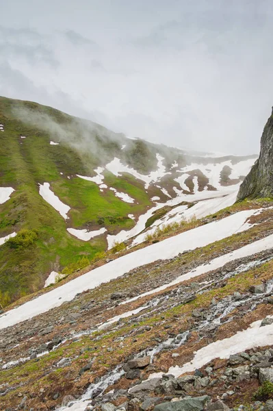 Beautiful mountain landscape with snow in fog — Free Stock Photo