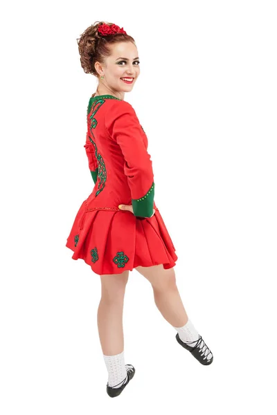 Beautiful woman in red dress for Irish dance isolated — Stock Photo, Image