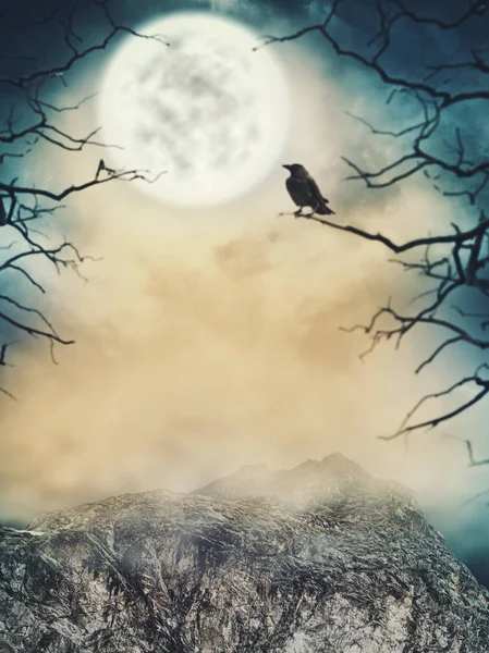 Cadılar Bayramı arka plan. Ay ve ölü ağaçlar ile ürkütücü gökyüzü