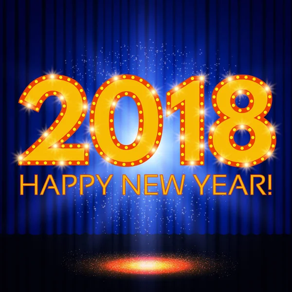 Feliz Año Nuevo 2018 en la cortina azul — Vector de stock