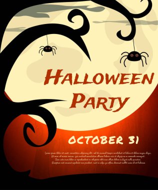 Cadılar Bayramı partisi arka plan ürpertici ağaç, örümcekler ve ay ile