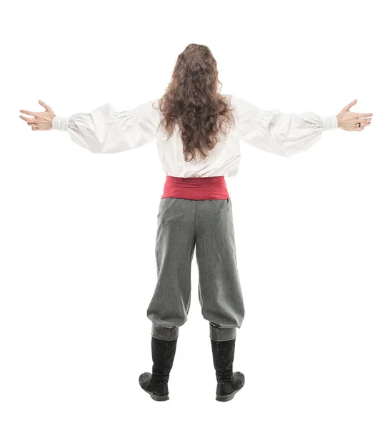 Handsome man in historical pirate costume isolated. Back pose — Stock Photo, Image