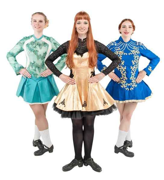 Three Beautiful women in dresses for Irish dance isolated — Stock Photo, Image