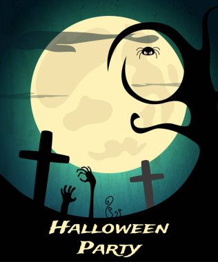 Cadılar Bayramı partisi arka plan ürpertici ağaç, mezarlık ve ay ile