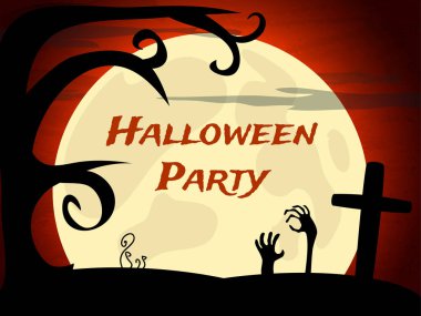 Cadılar Bayramı partisi arka plan korkunç mezarlık, ağaç ve ay ile