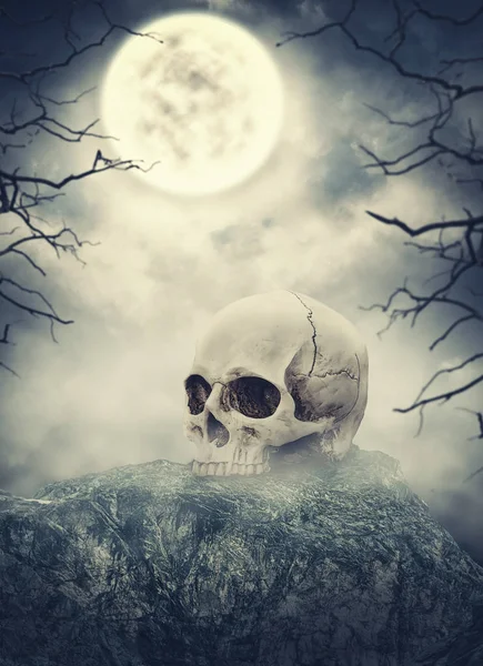 Menschenschädel auf Stein gegen gruseligen Himmel. Halloween-Szene — Stockfoto