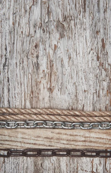 Fundo grunge vintage com corda e corrente na textura da madeira — Fotografia de Stock