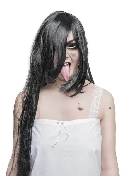 Mistyczne szalona kobieta pokazano długi język — Zdjęcie stockowe