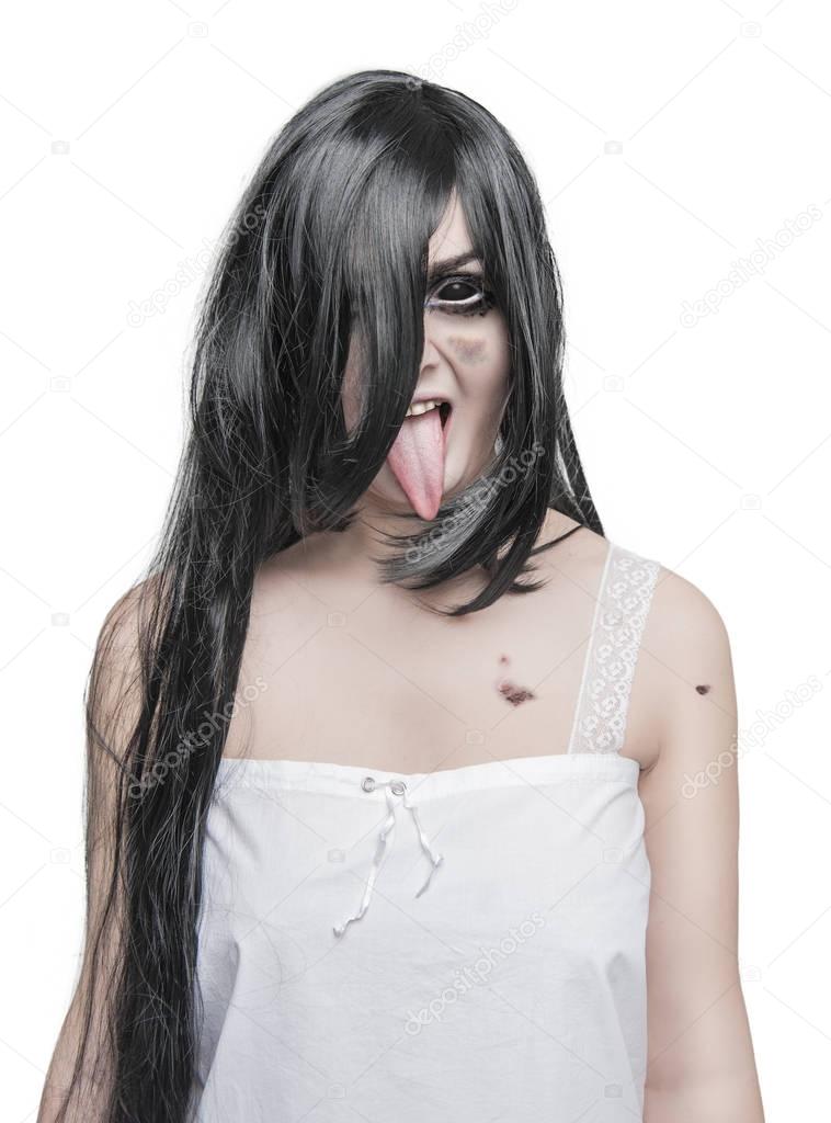 Mystical crazy woman showing long tongue