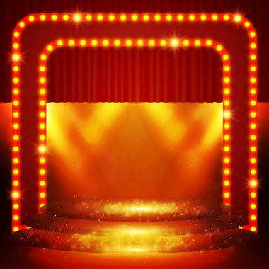 Poster şablonu afiş ile podyum, perde ve sahne ışıkları. Des