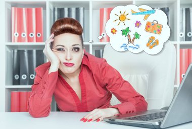 Tired bored businesswoman dreaming about holiday. Overwork conce clipart
