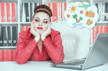 Tatil hakkında rüya sıkılmış iş kadını yorgun. Conce çok