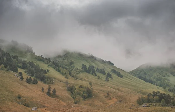 Bela paisagem nebulosa com vale do prado e nuvens — Fotografia de Stock