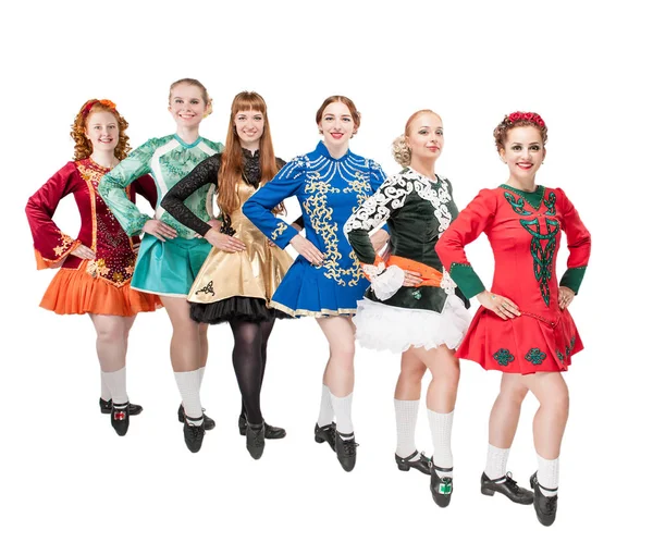 Group of beautiful women in dresses for Irish dance isolated — Stock Photo, Image