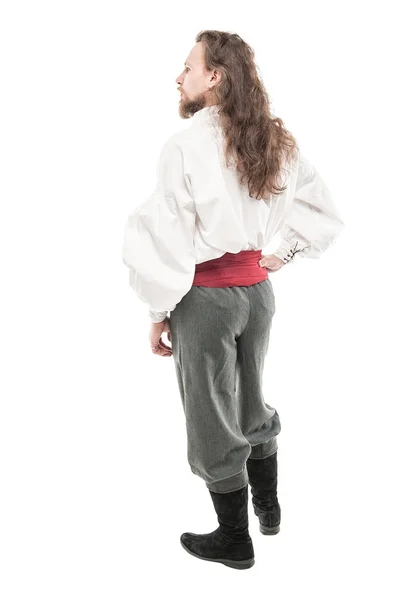 Handsome man in historical pirate costume isolated. Back pose — Stock Photo, Image