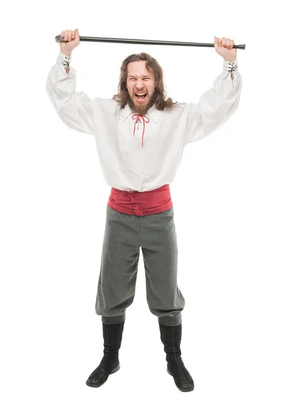 Bonito homem gritando em traje de pirata histórico com cana — Fotografia de Stock