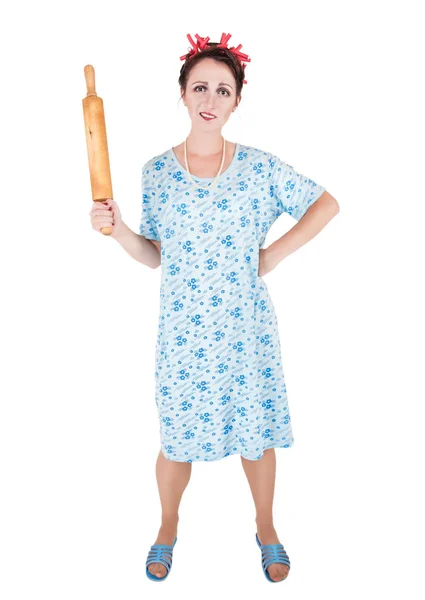 Crazy angry housewife with rolling pin — Stock Photo, Image