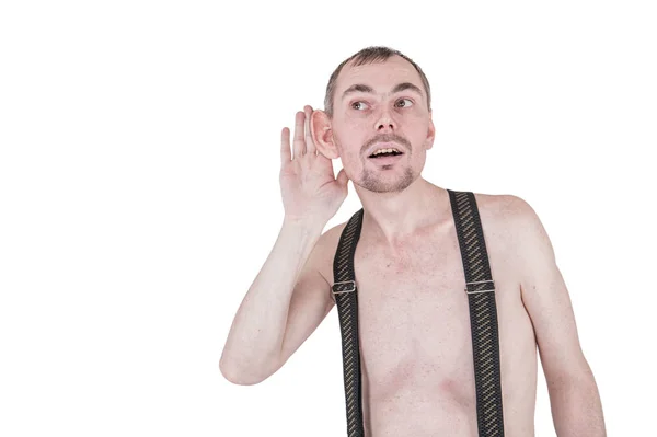 Legrační nerd muž s velkým uchem odposlouchávat izolované — Stock fotografie