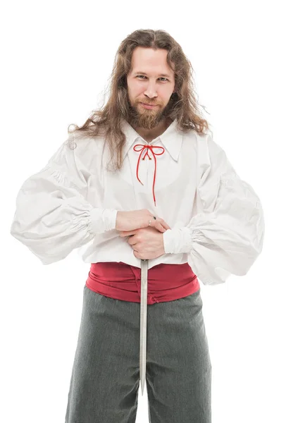 Handsome man in historical pirate costume with dagger isolated — Stock Photo, Image