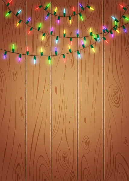 Brillanti luci colorate sullo sfondo in legno — Vettoriale Stock