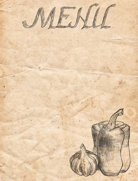 Stare księgi rocznika z pieprzem i czosnkiem. Menu restauracji tła — Zdjęcie stockowe