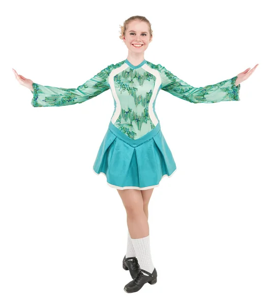 Beautiful woman in blue dress for Irish dance isolated — Stock Photo, Image