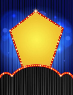 Arka planda mavi perdede retro pankart var. Şimdiki tasarım