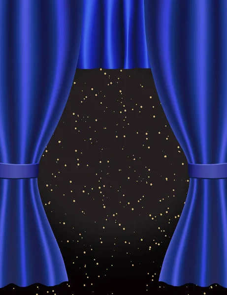 Fondo con cortina azul y estrellas en la oscuridad. Diseño para prese — Vector de stock