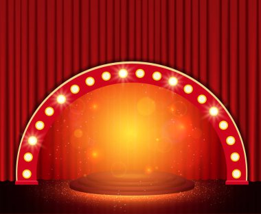 Kırmızı tiyatro perdesi, podyumu ve kemeri olan bir arka plan
