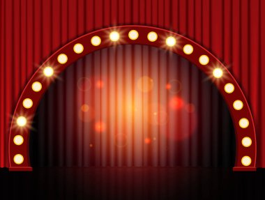 Kırmızı tiyatro perdesi ve podyum kemeri olan bir arka plan